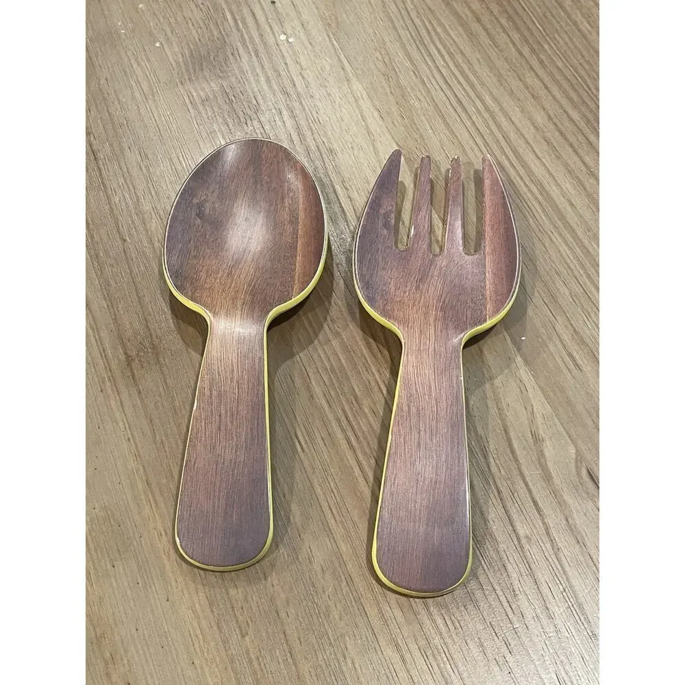 Vintage Salad Servers Decorative Cutlery Yellow Wood Design Spoon Fork Two Piece